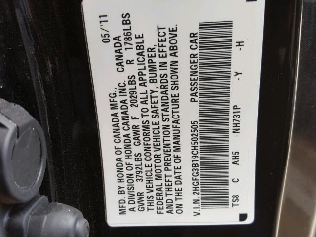 2HGFG3B19CH502505 - 2012 HONDA CIVIC EXL 黑色 照片 10