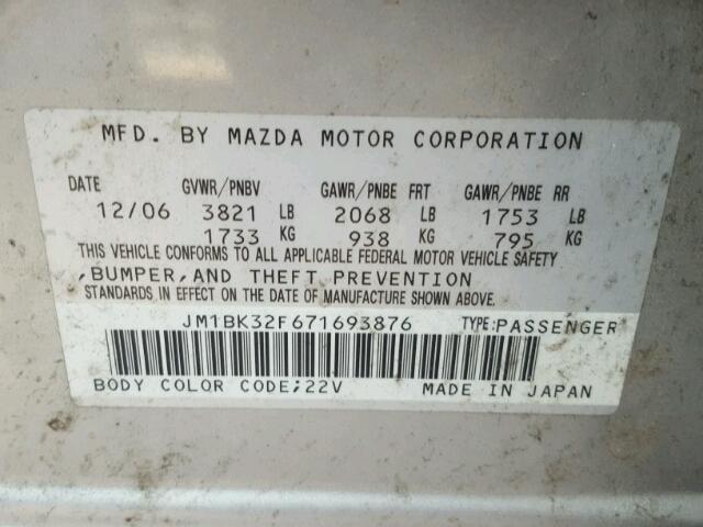 JM1BK32F671693876 - 2007 MAZDA 3 I SILVER photo 10