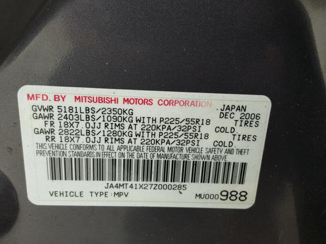 JA4MT41X27Z000285 - 2007 MITSUBISHI OUTLANDER GRAY photo 10