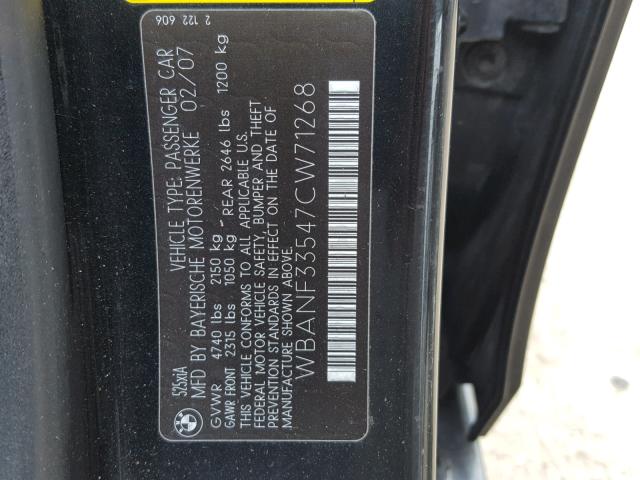 WBANF33547CW71268 - 2007 BMW 525 XI BLACK photo 10