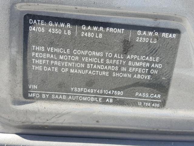 YS3FD49Y451047590 - 2005 SAAB 9-3 ARC GRAY photo 10