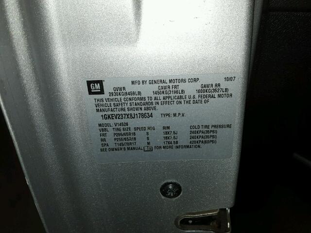 1GKEV237X8J178634 - 2008 GMC ACADIA SLT ვერცხლისფერი ფოტო 10
