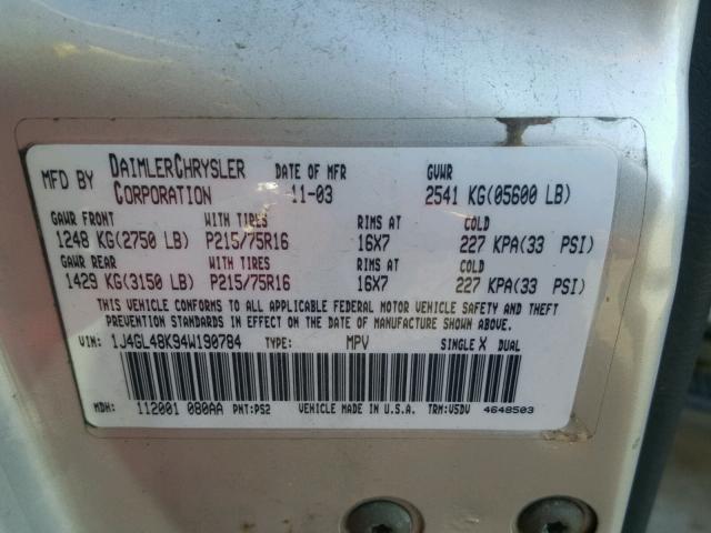 1J4GL48K94W190784 - 2004 JEEP LIBERTY SP SILVER photo 10