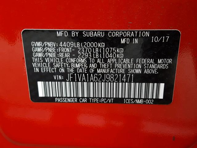 JF1VA1A62J9821471 - 2018 SUBARU WRX RED photo 10