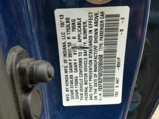 19XFB2F50DE090458 - 2013 HONDA CIVIC BLUE photo 10