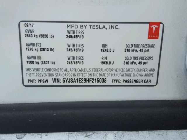 5YJSA1E29HF215038 - 2017 TESLA MODEL S WHITE photo 10
