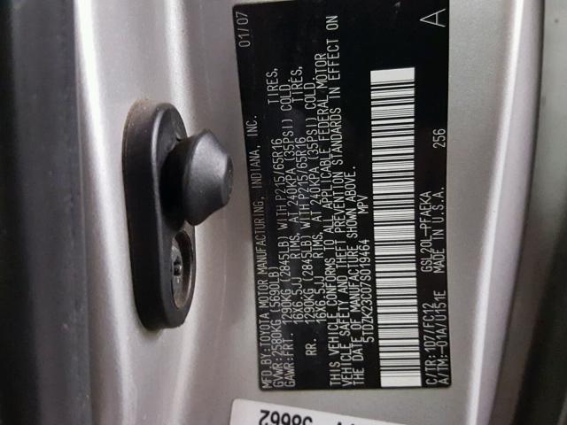 5TDZK23C07S019464 - 2007 TOYOTA SIENNA GRAY photo 10