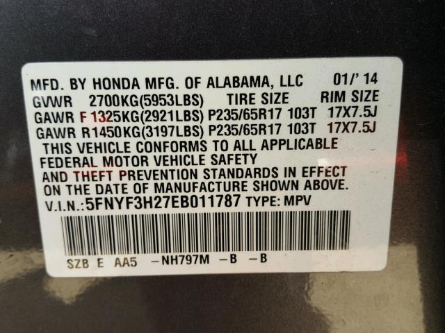 5FNYF3H27EB011787 - 2014 HONDA PILOT LX CHARCOAL photo 10