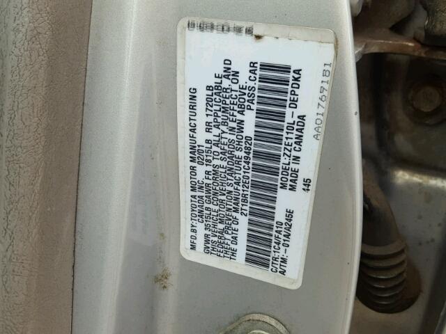 2T1BR12E01C494820 - 2001 TOYOTA COROLLA CE SILVER photo 10