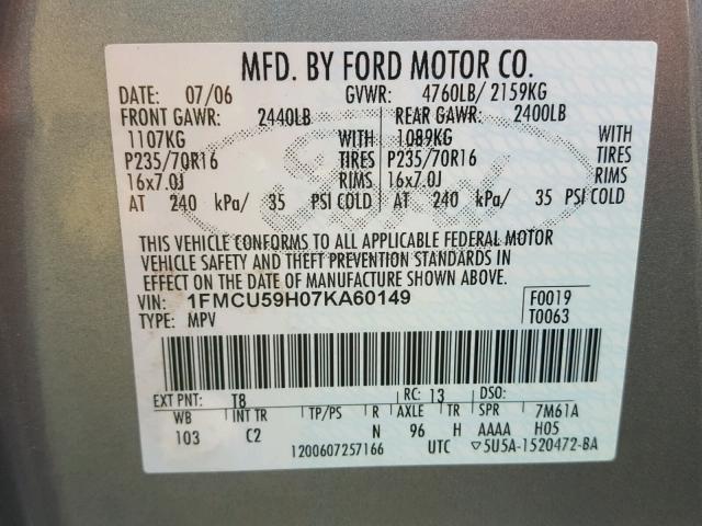 1FMCU59H07KA60149 - 2007 FORD ESCAPE HEV GRAY photo 10