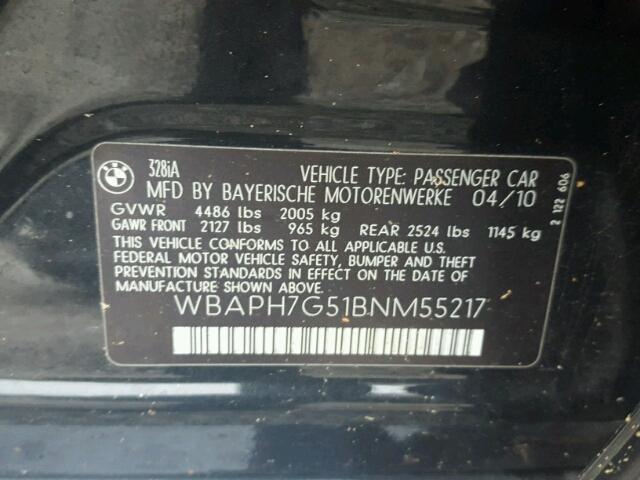 WBAPH7G51BNM55217 - 2011 BMW 328 I BLACK photo 10