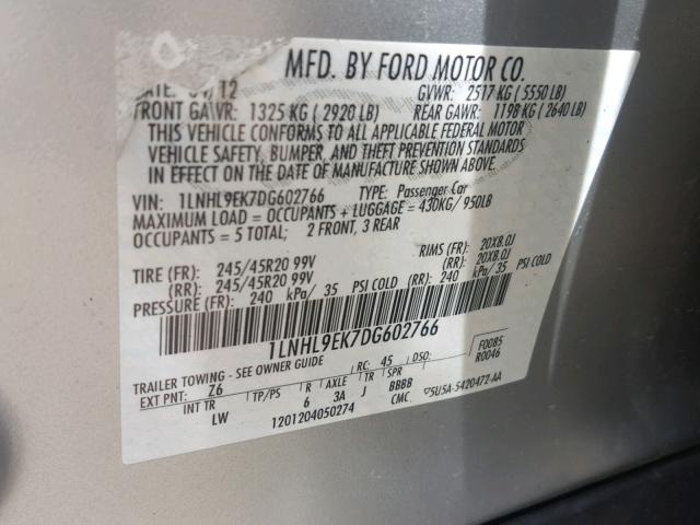 1LNHL9EK7DG602766 - 2013 LINCOLN MKS SILVER photo 10