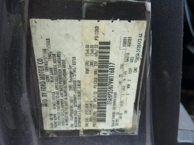 1FAHP35N79W116817 - 2009 FORD FOCUS SE CHARCOAL photo 10