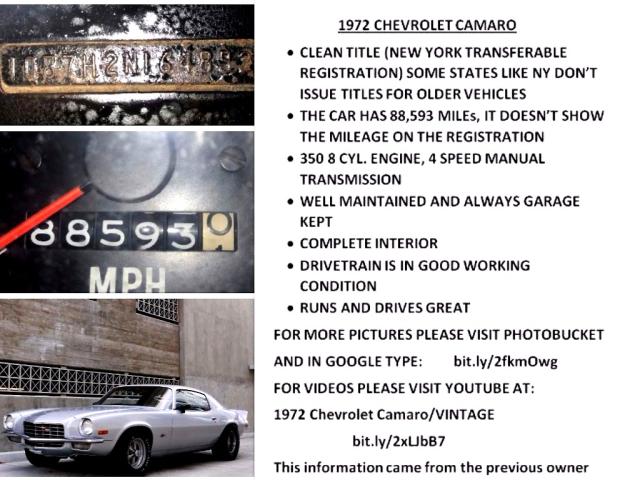 1087H2N164852 - 1972 CHEVROLET CAMARO GRAY photo 11