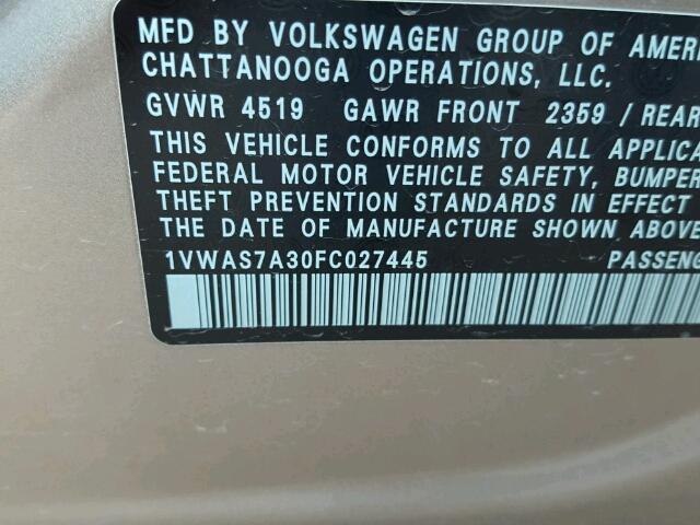 1VWAS7A30FC027445 - 2015 VOLKSWAGEN PASSAT S ذهبي صورة 10