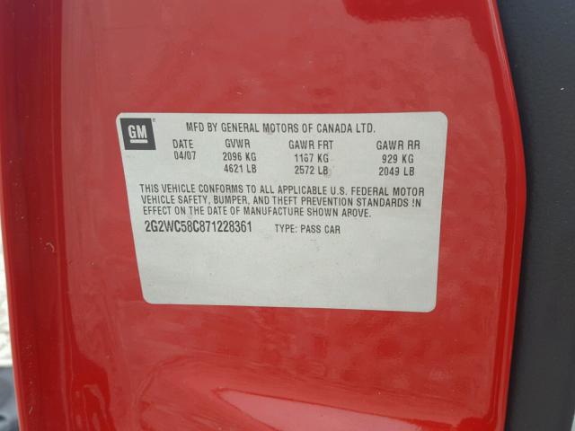 2G2WC58C871228361 - 2007 PONTIAC GRAND PRIX წითელი ფოტო 10