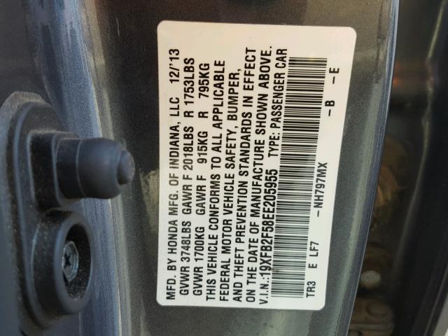 19XFB2F58EE205955 - 2014 HONDA CIVIC LX GRAY photo 10