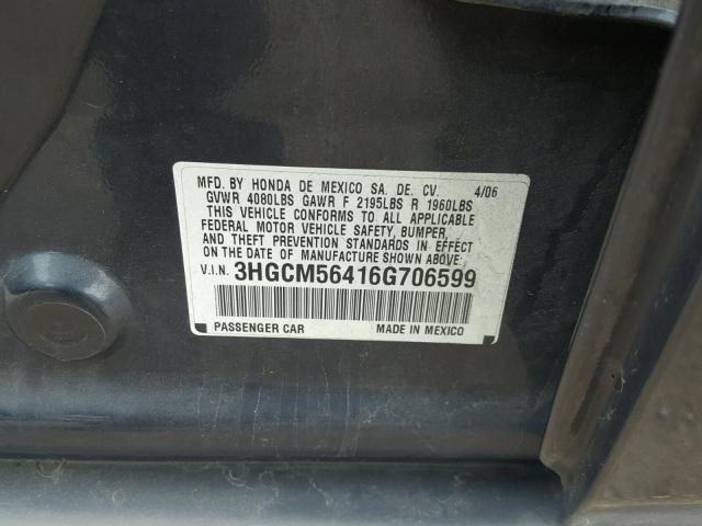 3HGCM56416G706599 - 2006 HONDA ACCORD LX GRAY photo 10