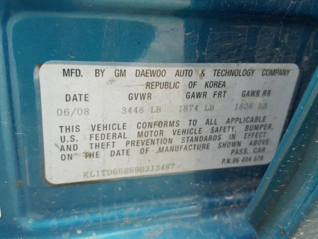 KL1TD66E69B313487 - 2009 CHEVROLET AVEO LS TEAL photo 10