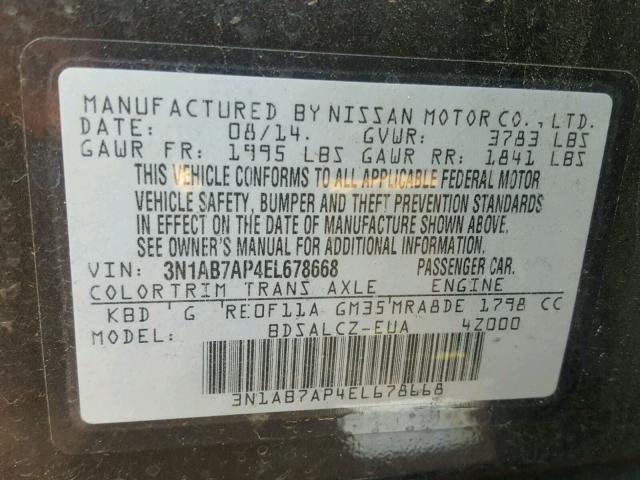 3N1AB7AP4EL678668 - 2014 NISSAN SENTRA GRAY photo 10