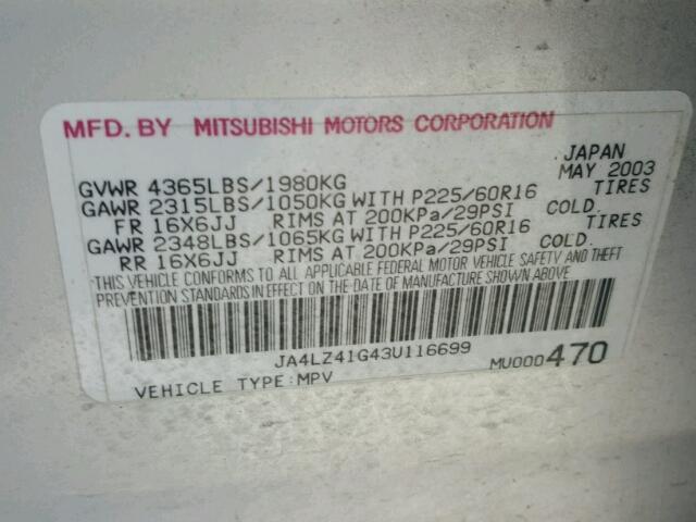 JA4LZ41G43U116699 - 2003 MITSUBISHI OUTLANDER SILVER photo 10