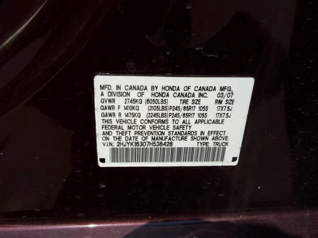 2HJYK16307H538428 - 2007 HONDA RIDGELINE MAROON photo 10