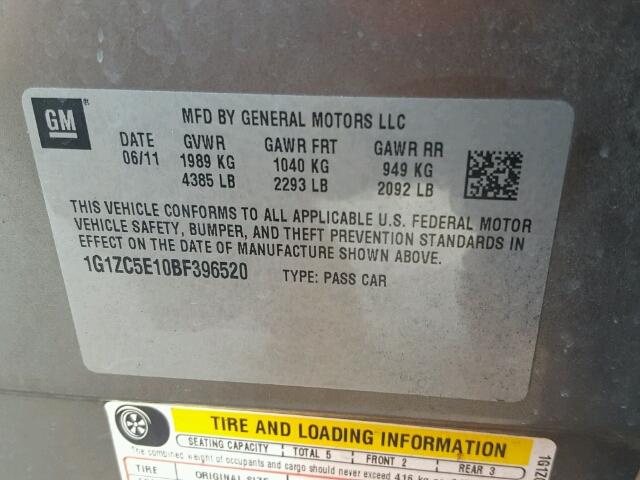 1G1ZC5E10BF396520 - 2011 CHEVROLET MALIBU CHARCOAL photo 10