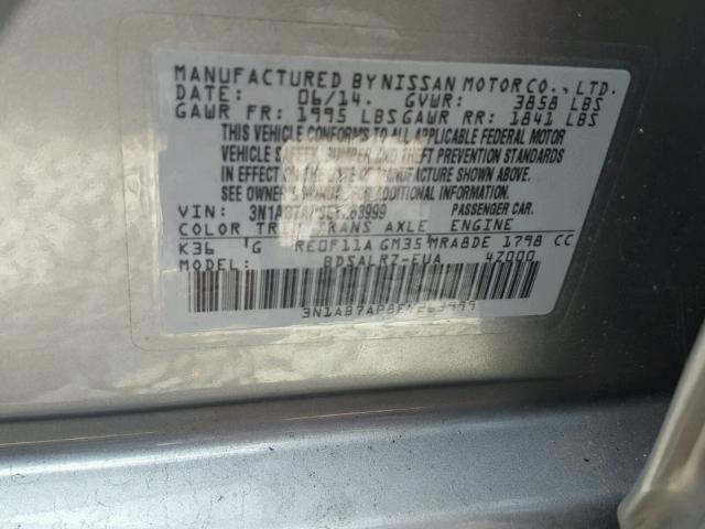 3N1AB7AP8EY263999 - 2014 NISSAN SENTRA S GRAY photo 10