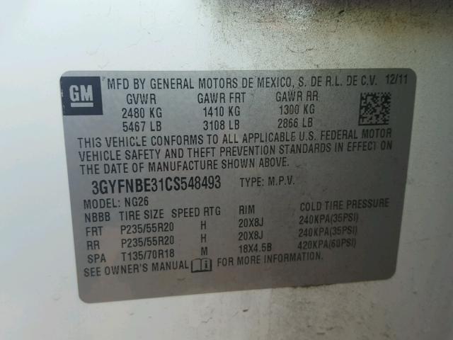 3GYFNBE31CS548493 - 2012 CADILLAC SRX PERFOR 白色 照片 10