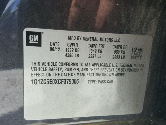 1G1ZC5E0XCF379006 - 2012 CHEVROLET MALIBU 1LT GRAY photo 10