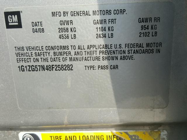 1G1ZG57N48F258282 - 2008 CHEVROLET MALIBU LS Сұр фото 10