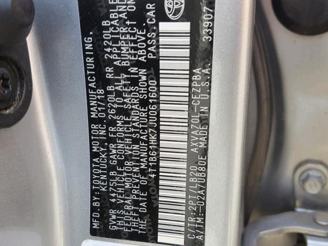 4T1B61HK7JU061600 - 2018 TOYOTA CAMRY XSE SILVER photo 10