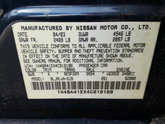 1N4BA41EX4C818188 - 2004 NISSAN MAXIMA SE BLUE photo 10