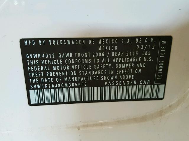 3VW1K7AJ9CM385667 - 2012 VOLKSWAGEN JETTA BASE WHITE photo 10