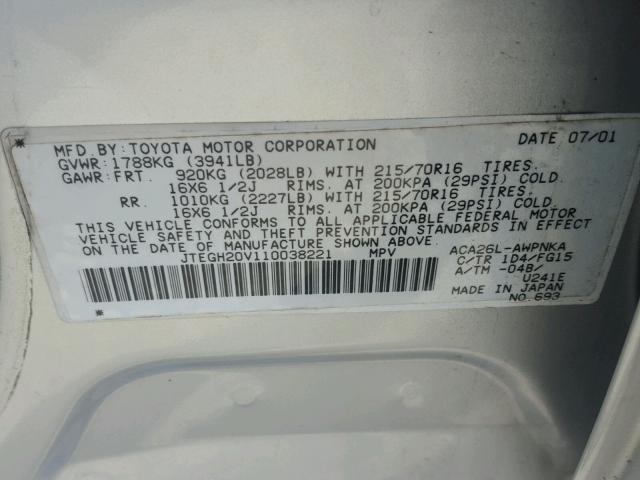 JTEGH20V110038221 - 2001 TOYOTA RAV4 SILVER photo 10