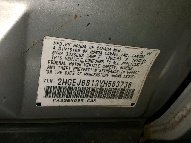 2HGEJ6613YH563736 - 2000 HONDA CIVIC BASE Gümüş foto 10