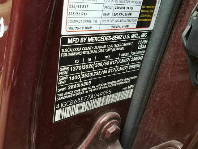 4JGCB65E77A049095 - 2007 MERCEDES-BENZ R 350 MAROON photo 10