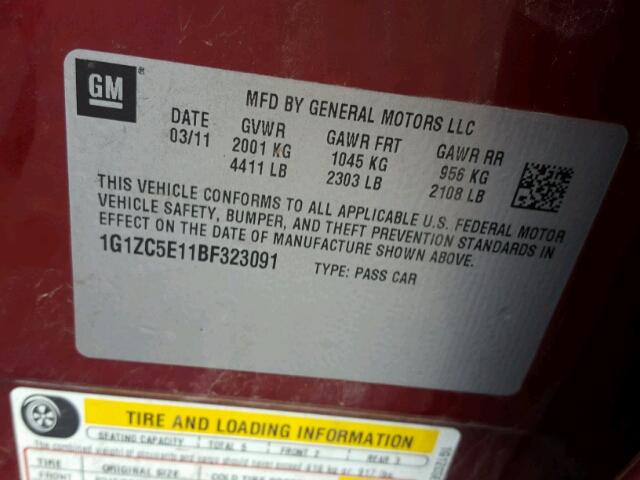 1G1ZC5E11BF323091 - 2011 CHEVROLET MALIBU 1LT BURGUNDY photo 10