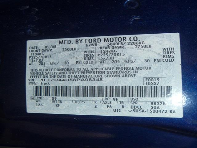 1FTZR44U58PA98348 - 2008 FORD RANGER SUP BLUE photo 10