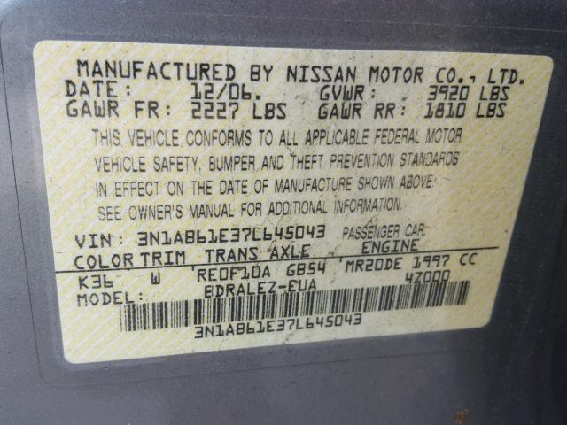 3N1AB61E37L645043 - 2007 NISSAN SENTRA 2.0 SILVER photo 10