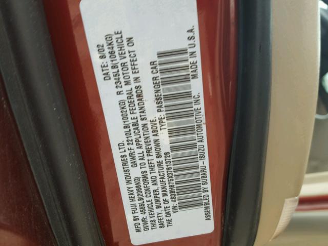 4S3BH675X37613728 - 2003 SUBARU LEGACY OUT RED photo 10