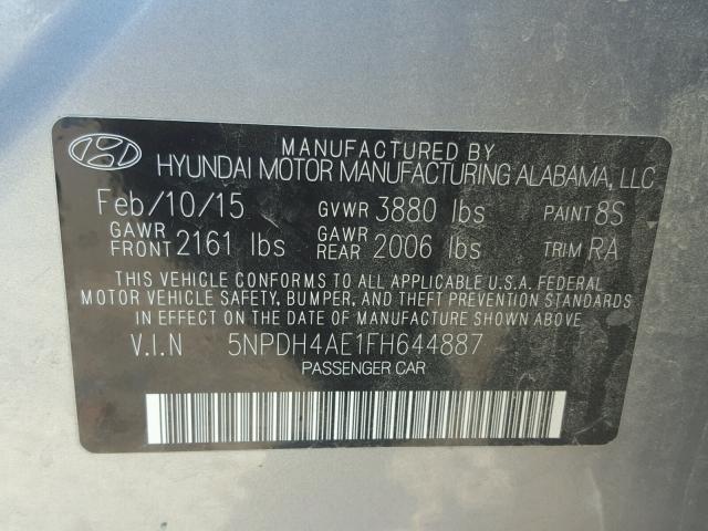 5NPDH4AE1FH644887 - 2015 HYUNDAI ELANTRA GRAY photo 10