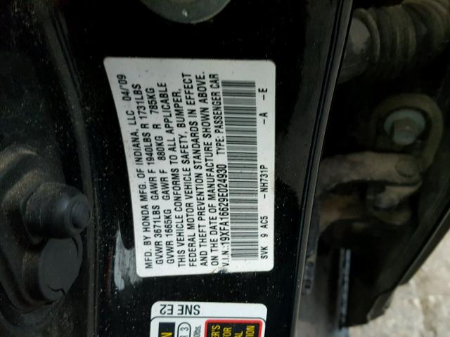 19XFA16629E024930 - 2009 HONDA CIVIC BLACK photo 10