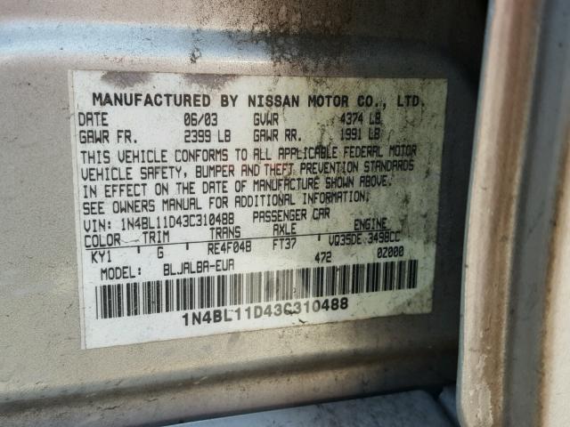 1N4BL11D43C310488 - 2003 NISSAN ALTIMA SE SILVER photo 10