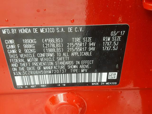 3CZRU6H59HM720737 - 2017 HONDA HR-V RED photo 10