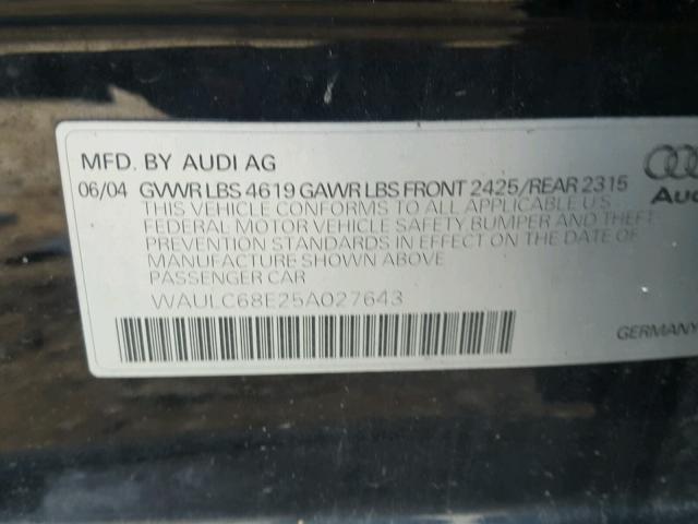 WAULC68E25A027643 - 2005 AUDI A4 BLACK photo 10