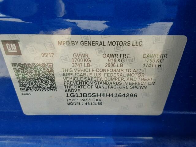 1G1JB5SH4H4164296 - 2017 CHEVROLET SONIC LS 蓝色 照片 10