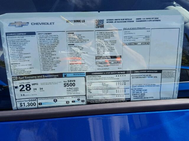 1G1JB5SH4H4164296 - 2017 CHEVROLET SONIC LS 蓝色 照片 9