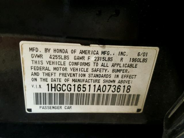 1HGCG16511A073618 - 2001 HONDA ACCORD EX BLACK photo 10