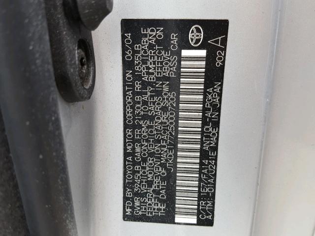 JTKDE177250007205 - 2005 TOYOTA SCION TC 银色 照片 10